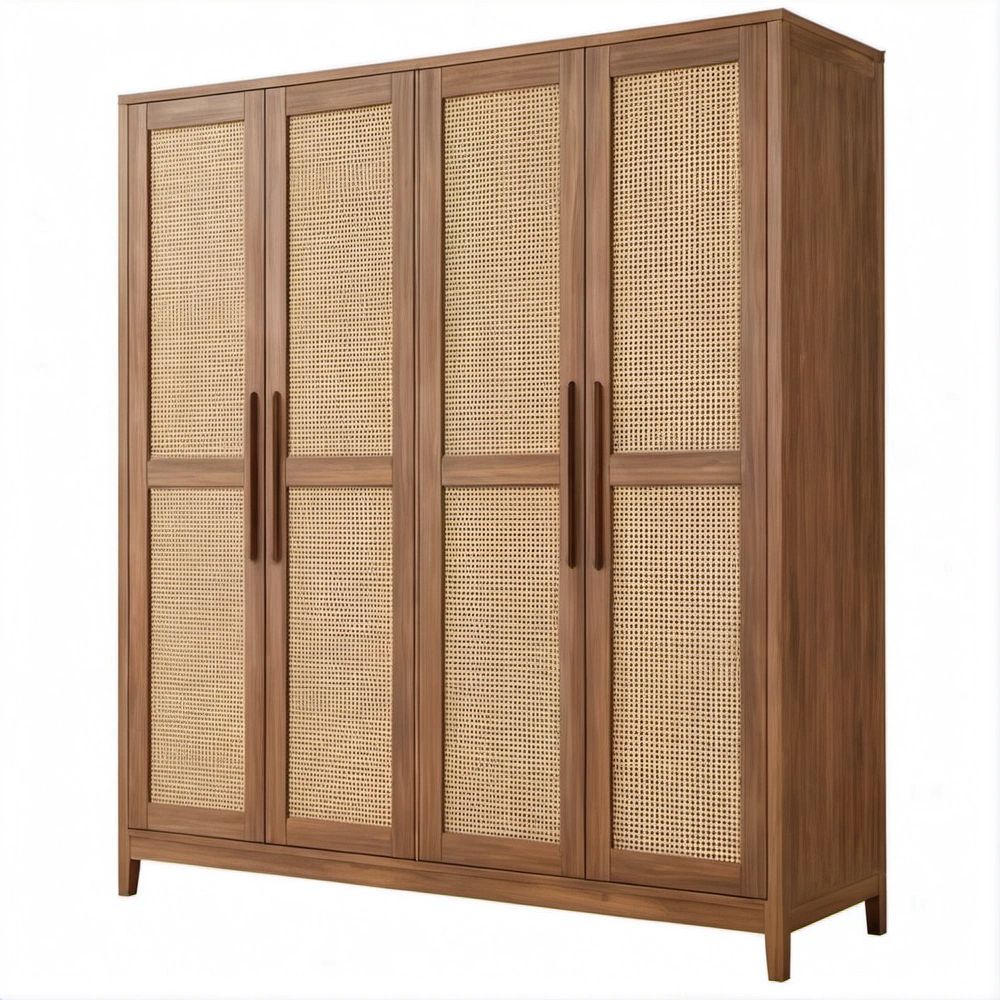 Szafa garderobiana boho z MDF i plecionką rattanową, orzechowa/naturalny rattan, 160 x 60 x 200 cm