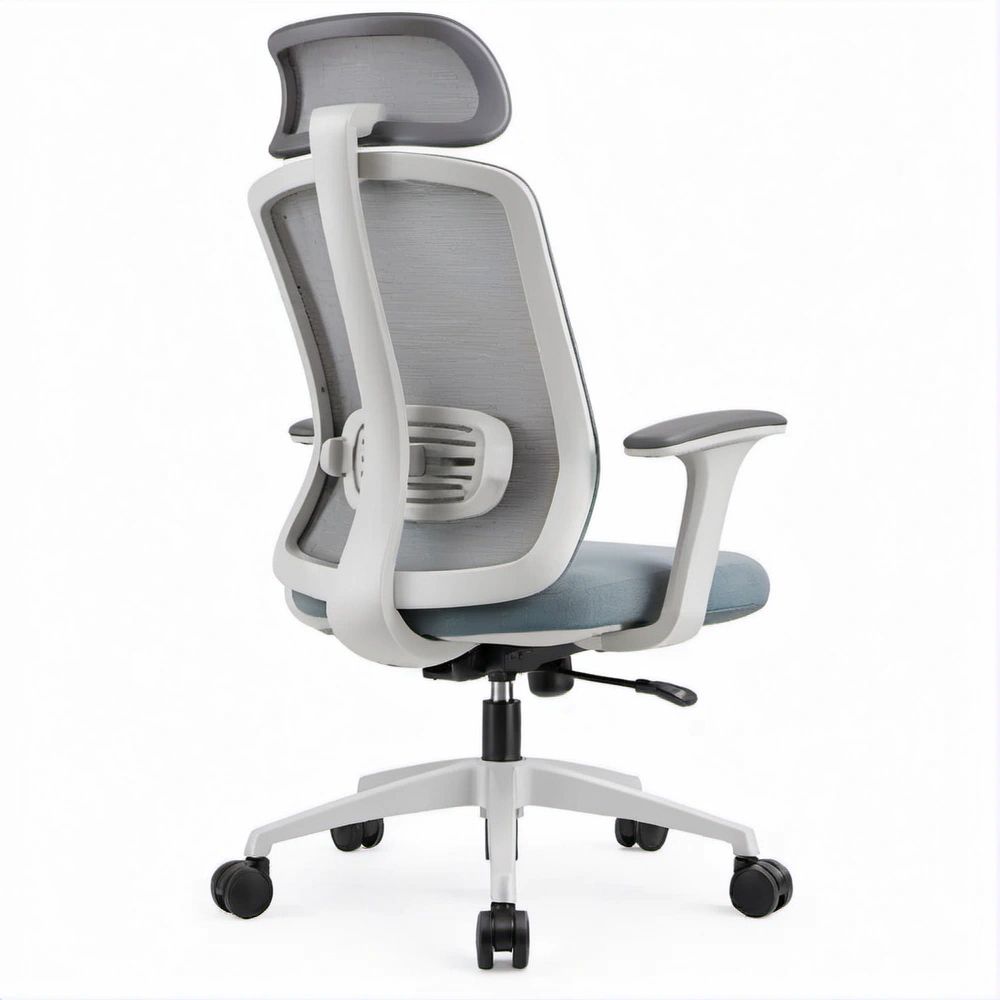 Ergonomiczne obrotowe siedzisko z zagłówkiem szaro-białe 65 x 65 x 116–126 cm